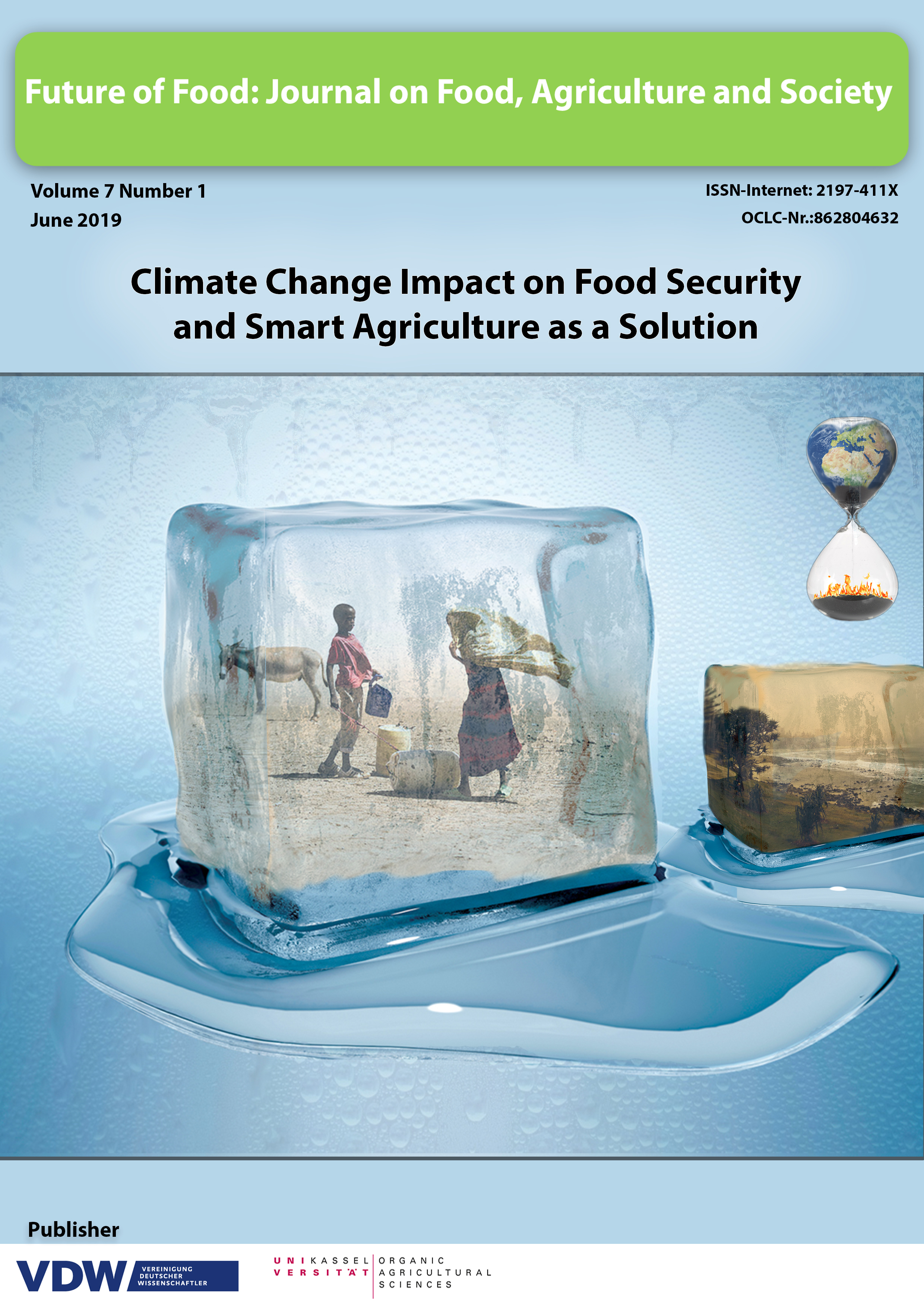 The image shows rural people in a melting icecube under the heading climate change impact on food security and smart agriculture as a solution